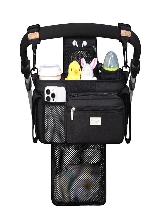TOPDesign Universal Baby Stroller Organizer, Stroller Caddy with Detachable Mesh Bag & Heightened Insulated Cup Holders & Non-Slip Secure Hooks Accessories, Fits Most Strollers (Black) - Image 1